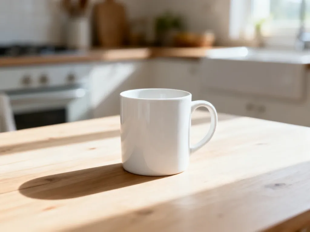 Biały ceramiczny kubek na drewnianym stole w jasnej kuchni, ilustrujący standardowe naczynia do picia.