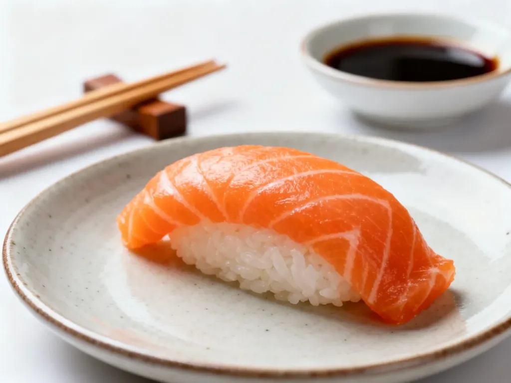 Kawałek świeżego nigiri z łososiem na minimalistycznym talerzu, obok pałeczki i miseczka z sosem sojowym.
