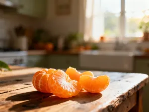 Świeży stek z tuńczyka na białym talerzu z cytryną i widelcem, podany w jasnej, kuchennej aranżacji.