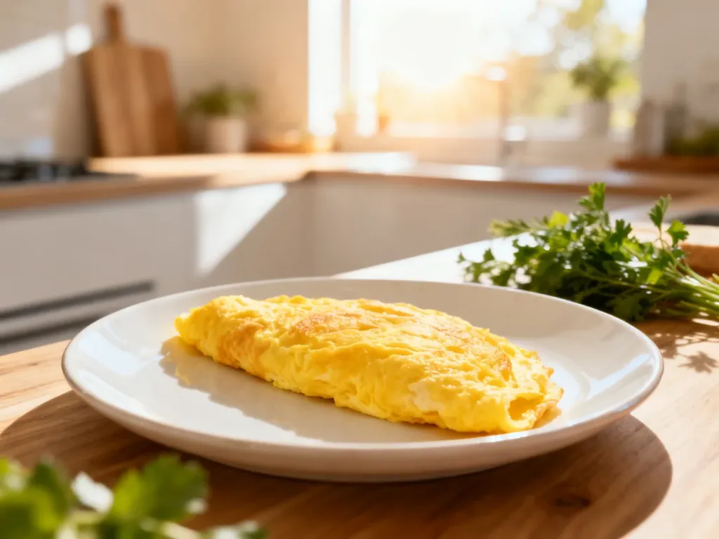 Puszysty, złocisty omlet podany na białym talerzu w jasnej, słonecznej kuchni.