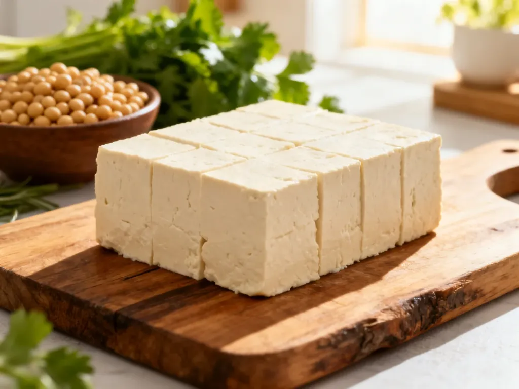 Świeży blok twardego tofu na drewnianej desce w jasnej kuchni, otoczony ziarnami soi i ziołami.