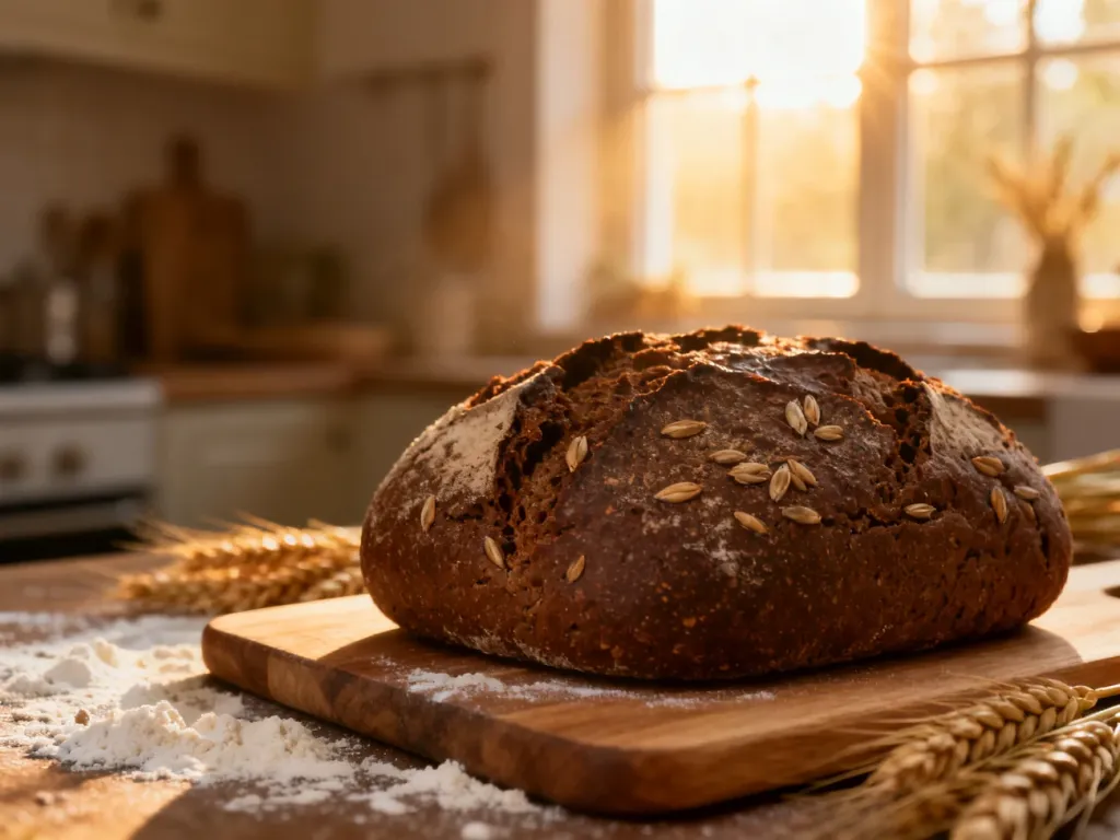 Rustykalny bochenek ciemnego chleba żytniego na drewnianej desce w przytulnej kuchni.
