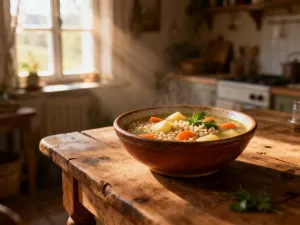 Talerz tradycyjnych pierogów z białym serem, podanych ze śmietaną i koperkiem w przytulnej, domowej kuchni.