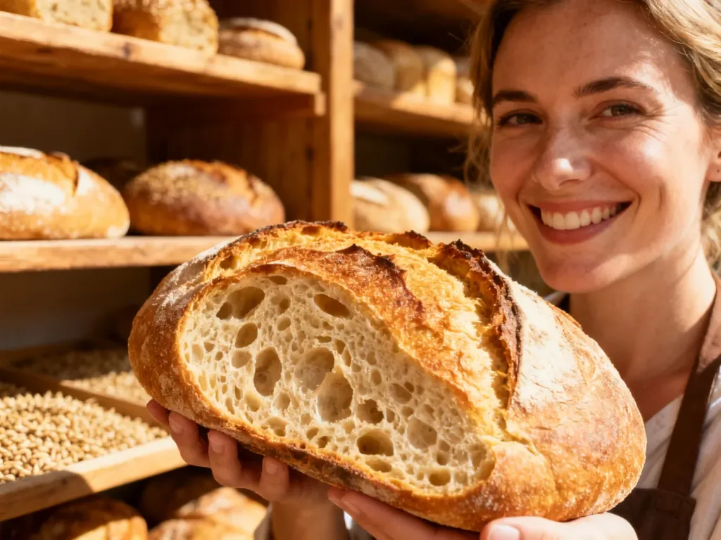 Uśmiechnięta kobieta trzyma świeży bochenek chleba na zakwasie w tradycyjnej piekarni, podkreślając jego naturalną świeżość.