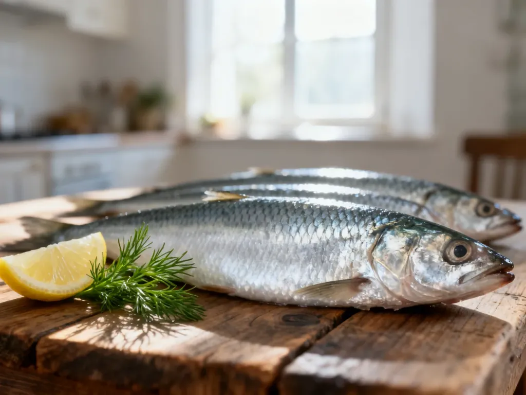 Świeży filet ze śledzia z koperkiem i cytryną na drewnianym stole, prezentujący wartości odżywcze ryby.