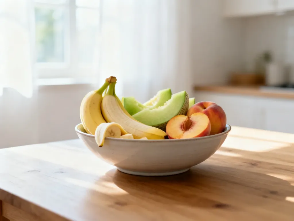 Miska z obranymi bananami, melonem i brzoskwiniami na drewnianym stole, prezentująca owoce lekkostrawne.
