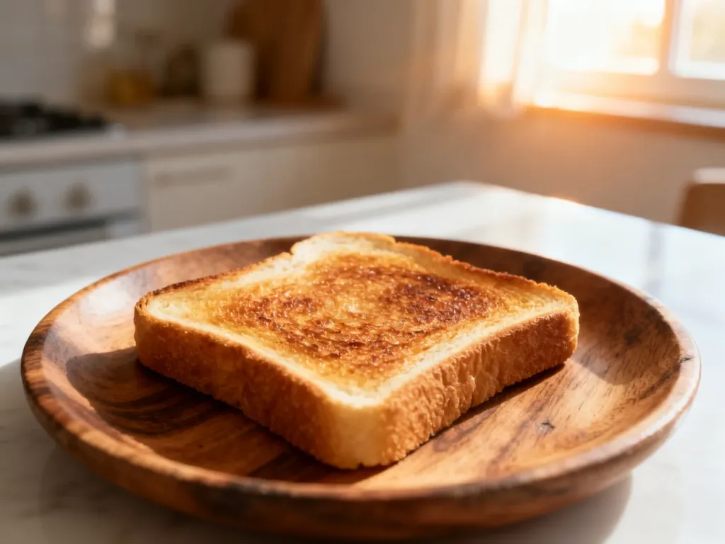Złocisty tost na drewnianym talerzu w ciepłym, porannym świetle kuchni.