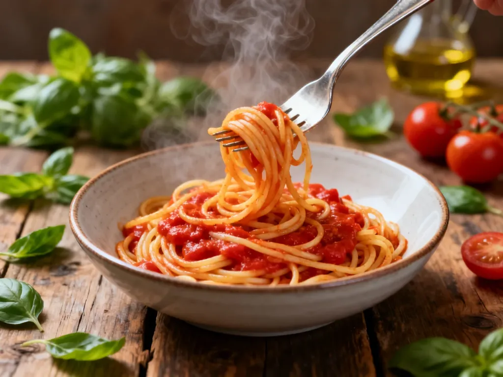 Talerz gorącego spaghetti w sosie pomidorowym z bazylią, przygotowany w apetycznym stylu kulinarnym.