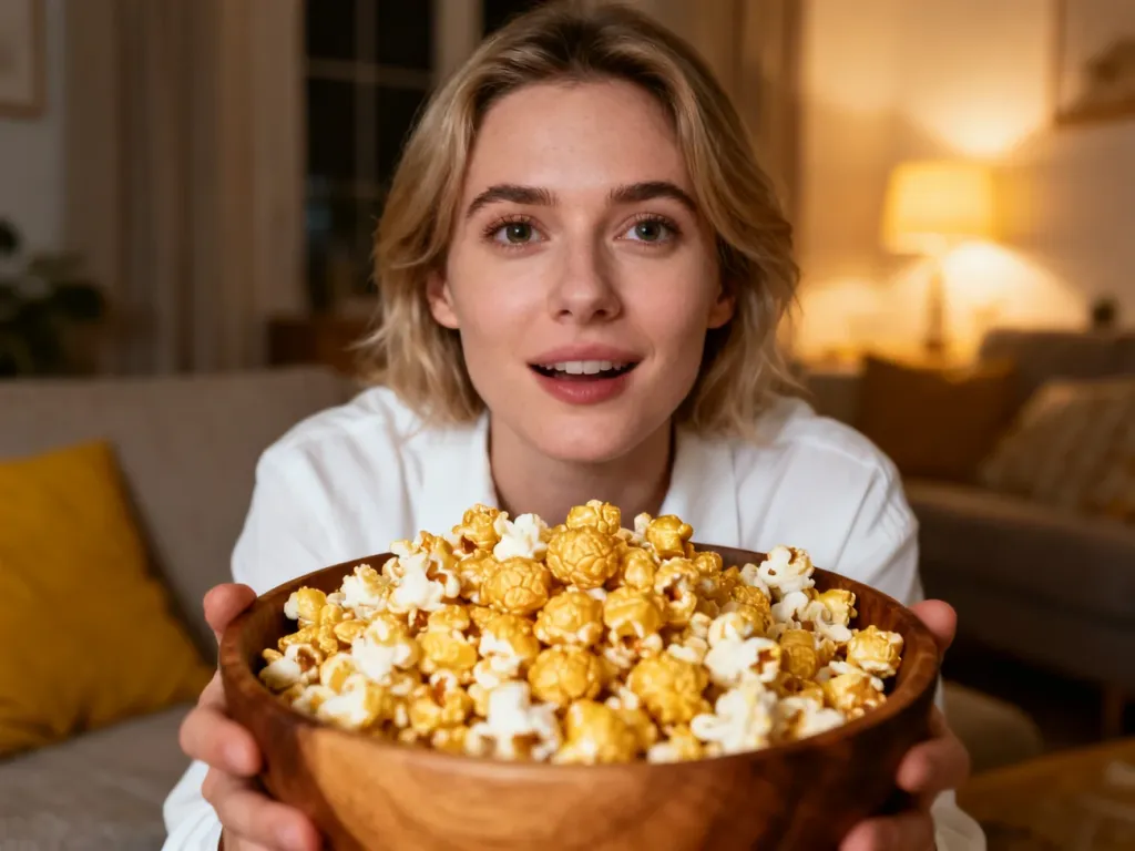 Osoba trzymająca drewnianą miskę ze świeżym popcornem w przytulnym salonie.