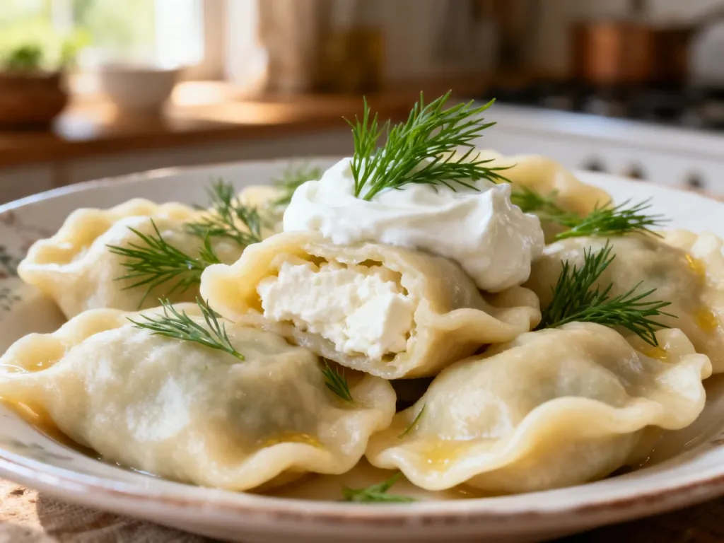 Talerz tradycyjnych pierogów z białym serem, podanych ze śmietaną i koperkiem w przytulnej, domowej kuchni.